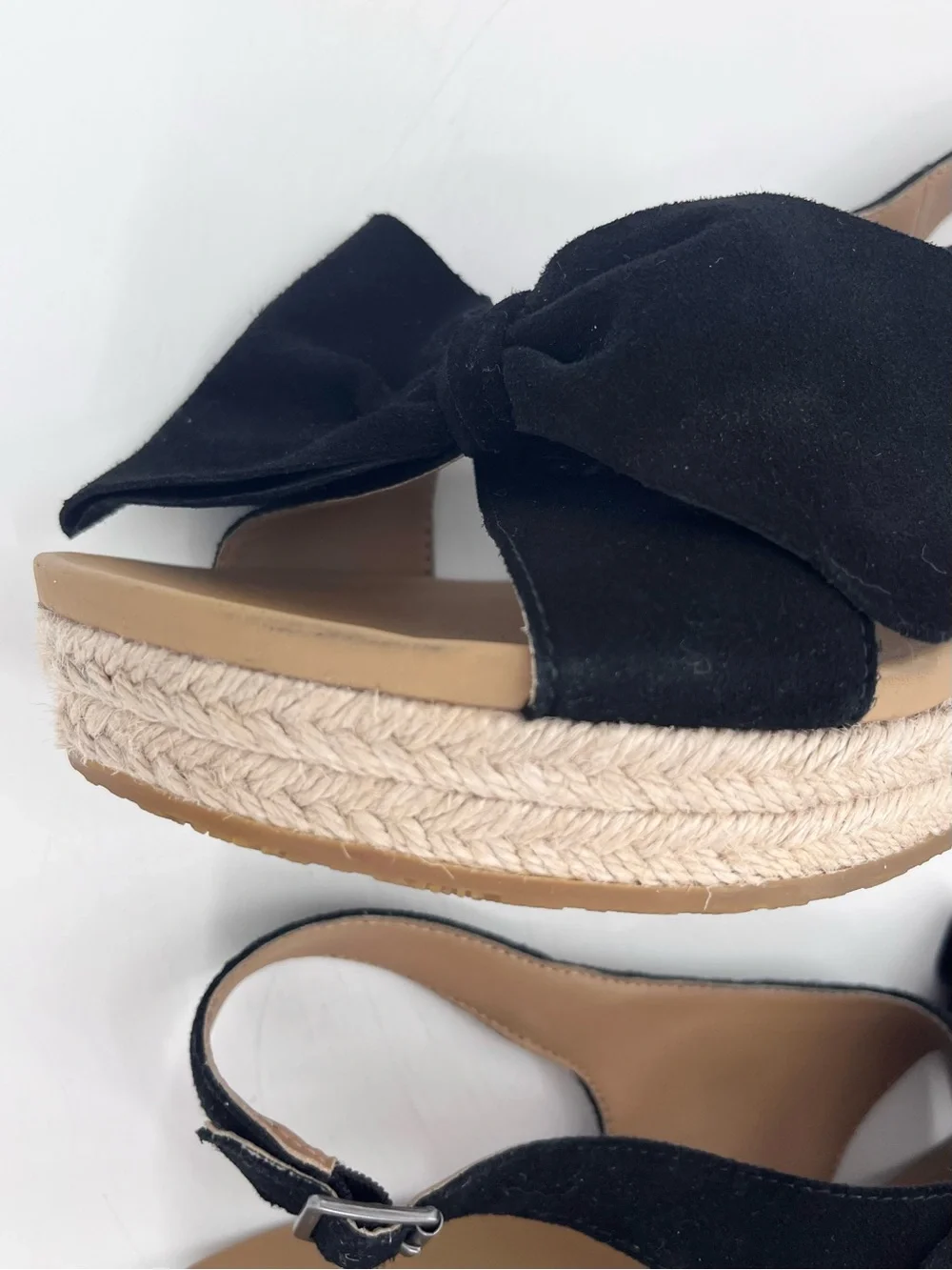 UGG Camilla Black Suede Bow Wedge Espadrille Slingback Sandals Size 8.5